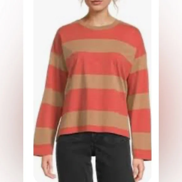Madewell easy crewneck long sleeve tee size Large stripes burnt camel - Picture 1 of 6